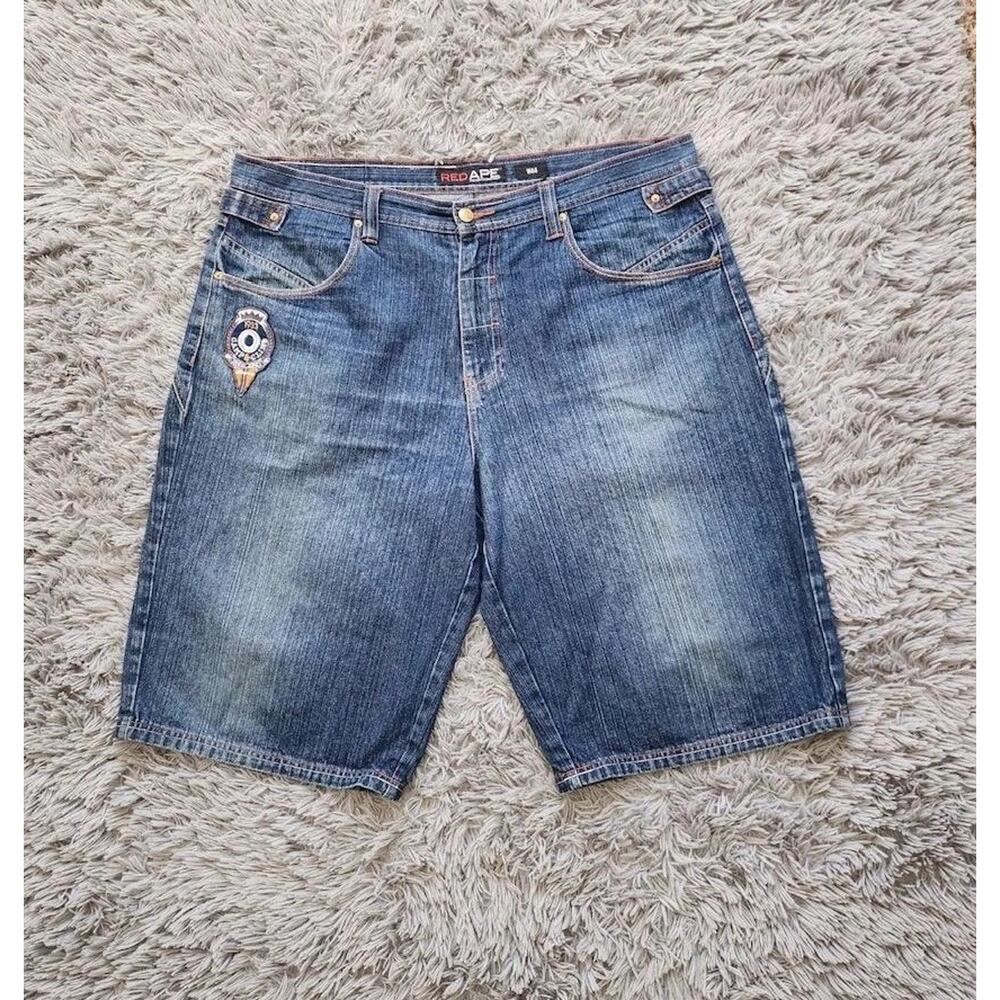 Red Ape Denim Company Jorts Mens 44 Blue Jean Camp & Climb Patch Leather
